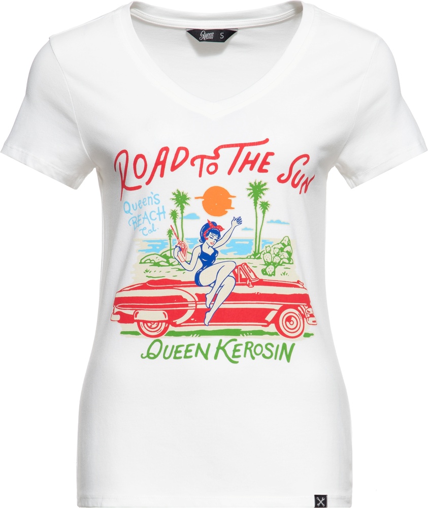 QueenKerosinDamenBasicT-ShirtVHalsRoadToTheSunQKU41019OffWhite-XS