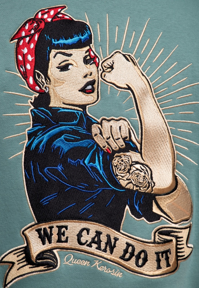 QueenKerosinDamenCollegeSweatJacketWeCanDoItQKI34001SmokeGreen-XS